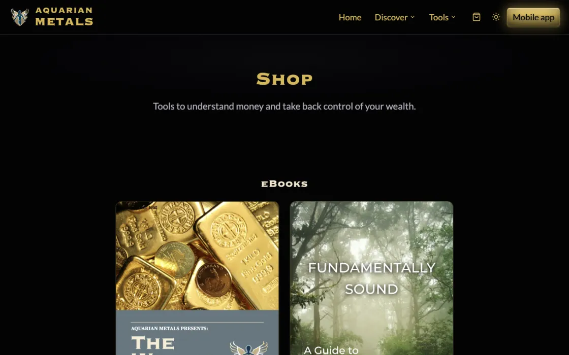 Aquarian Metals دوکان کا صفحہ، اپنی سائٹ سے Coin Moebius خریداری بٹن کے ساتھ بیچ رہا ہے